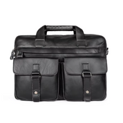 Borsa ventiquattrore in pelle nera con doppie tasche frontali e manici robusti, ideale per lavoro e ufficio. Design elegante e funzionale.
