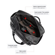 Borsa in pelle nera con tasche interne: tasca principale per laptop 15,6", tasca computer per laptop 14", tasca con zip e porta penne.