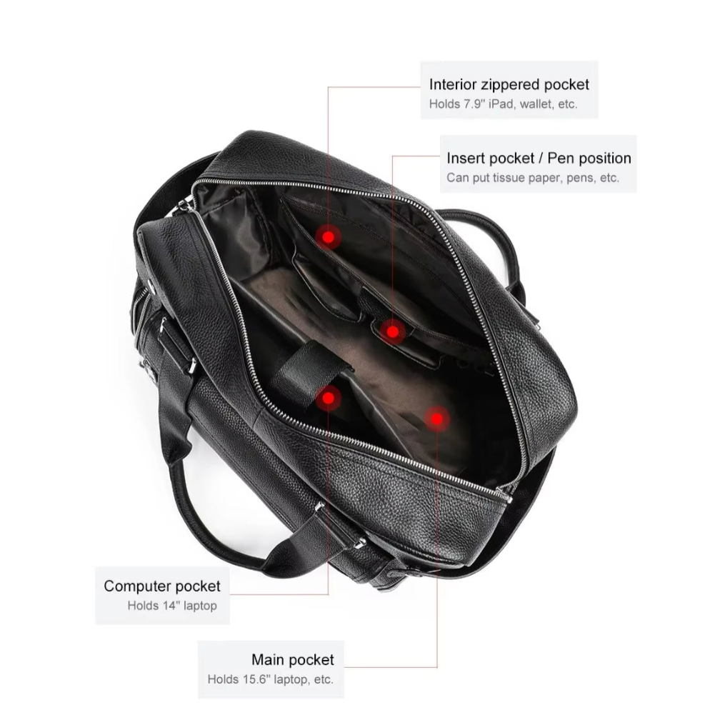 Borsa in pelle nera con tasche interne: tasca principale per laptop 15,6", tasca computer per laptop 14", tasca con zip e porta penne.