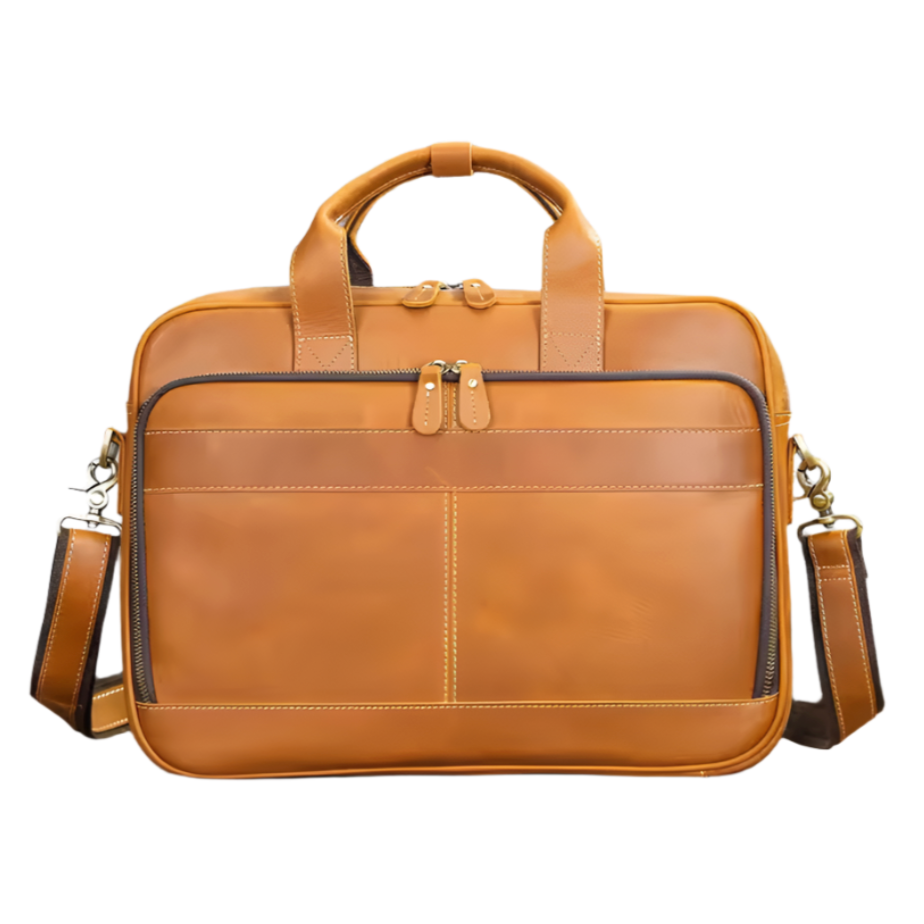 Borsa ventiquattrore in pelle marrone con tracolla regolabile, tasca frontale con zip, design elegante e professionale per uomo e donna.