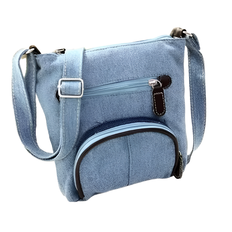 Borsa a tracolla in denim azzurro con tasche multiple e cerniere, design casual e pratico, ideale per uso quotidiano e viaggi.