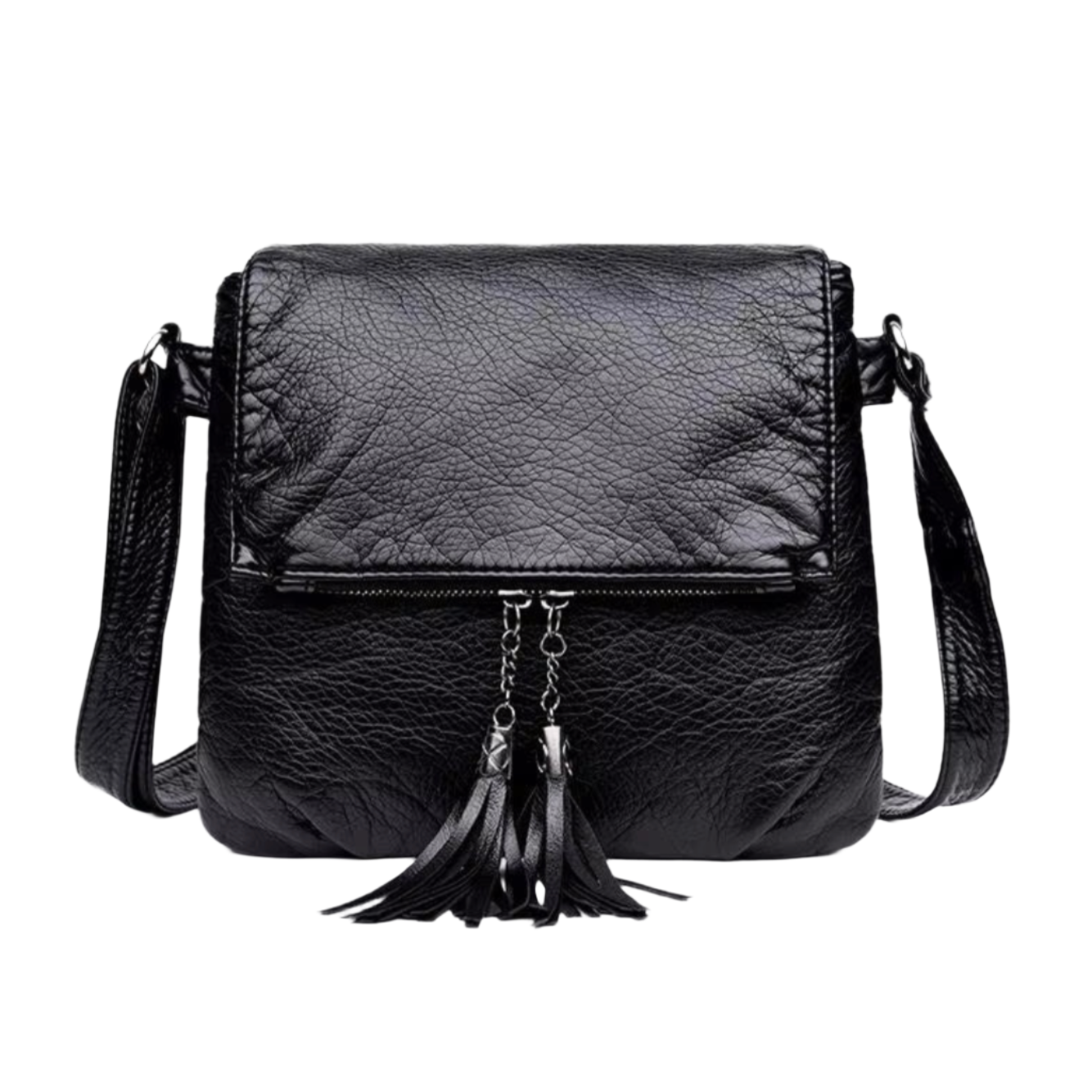 Borsa a tracolla in pelle nera con patta e cerniera, decorata con nappe. Elegante accessorio moda donna, ideale per ogni occasione.