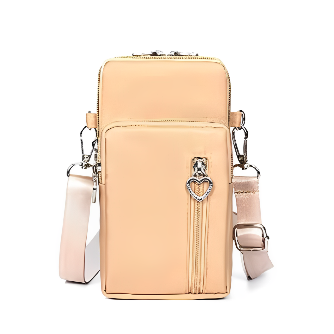Borsa a tracolla beige in pelle sintetica con cerniera e decorazione a cuore, ideale per donna, moda casual, accessorio elegante e pratico.