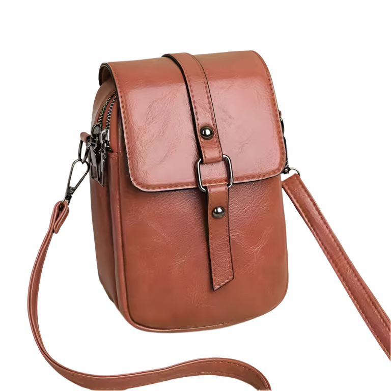 Borsa a tracolla in pelle marrone, design compatto con chiusura a fibbia, ideale per donna, moda autunno, accessorio elegante e pratico.