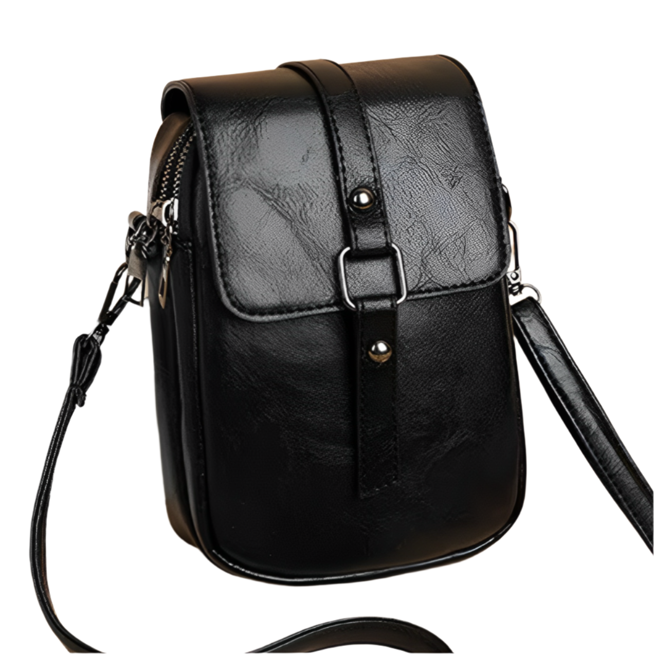 Borsa a tracolla in pelle nera, design elegante e compatto, con chiusura a fibbia e cerniera. Accessorio moda uomo/donna, ideale per ogni occasione.