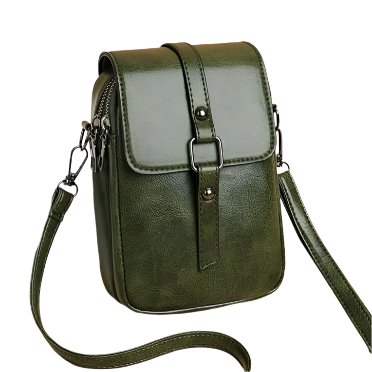 Borsa a tracolla verde in pelle sintetica, design compatto con chiusura a fibbia, ideale per moda donna, accessori eleganti e pratici.
