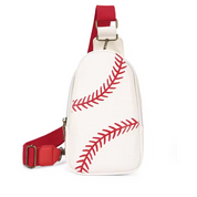 Zaino monospalla bianco con motivo palla da baseball rosso, tracolla regolabile rossa, design sportivo, accessorio moda unisex.