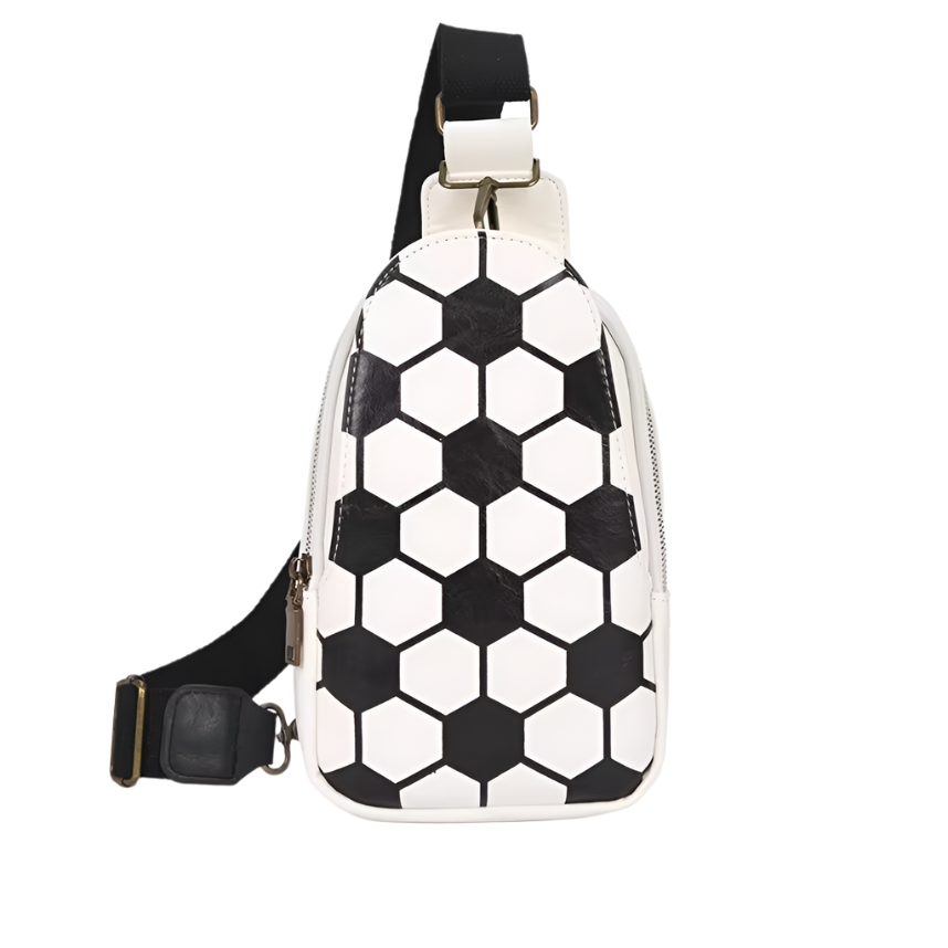Zaino monospalla bianco e nero con motivo esagonale, design moderno, tracolla regolabile, ideale per moda urbana e viaggi.
