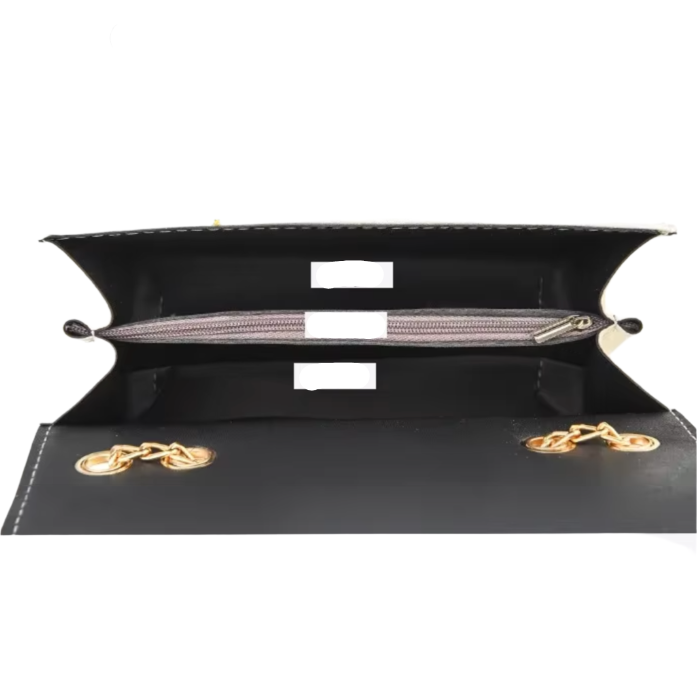 Borsa a tracolla nera in pelle con catena dorata, interno con scomparti e cerniera. Elegante accessorio moda donna, design moderno e funzionale.