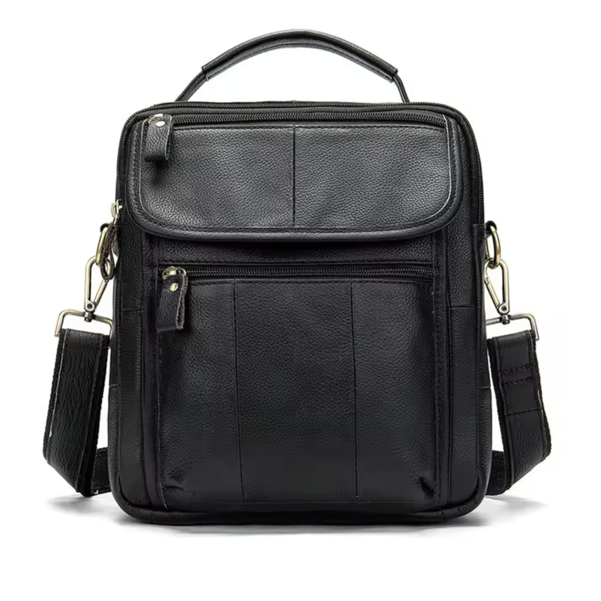 Borsa a tracolla in pelle nera da uomo, design elegante e compatto, con tasche multiple e tracolla regolabile. Accessorio moda versatile e pratico.