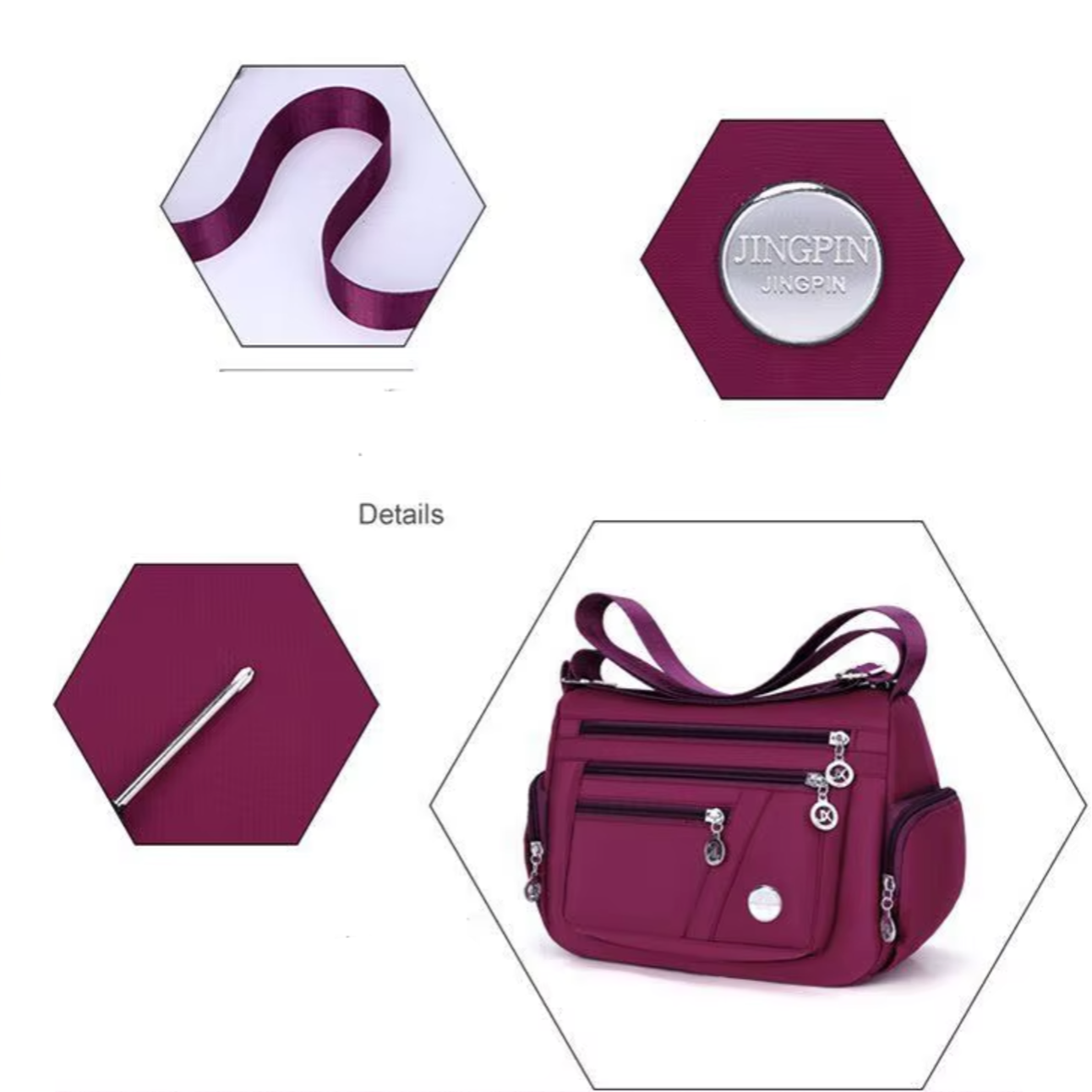 Borsa a tracolla viola con cerniere multiple, dettagli in metallo, tracolla regolabile. Design esagonale, ideale per moda donna.