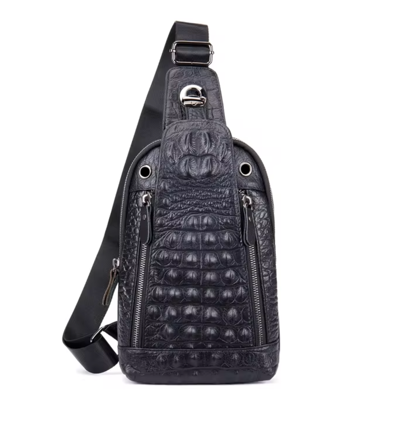 Zaino monospalla in pelle nera con texture coccodrillo, design elegante e moderno, ideale per uomo, accessorio moda di lusso.