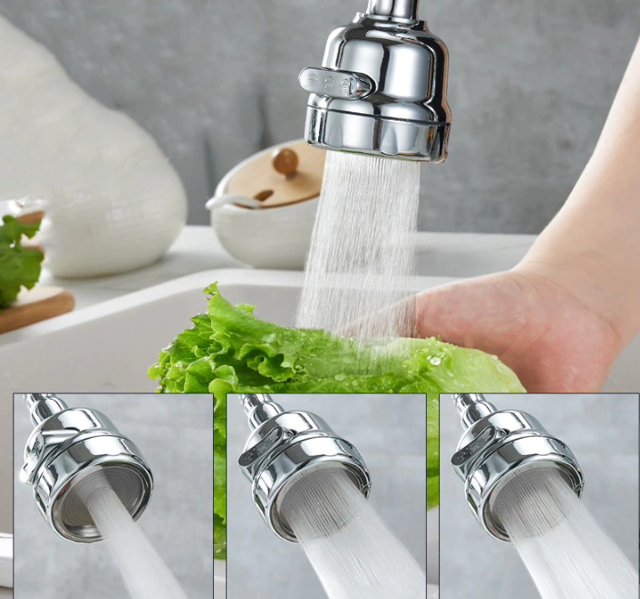 Rubinetto cucina con aeratore, flusso d'acqua regolabile, risparmio idrico, design moderno cromato, ideale per lavaggio verdure e piatti.