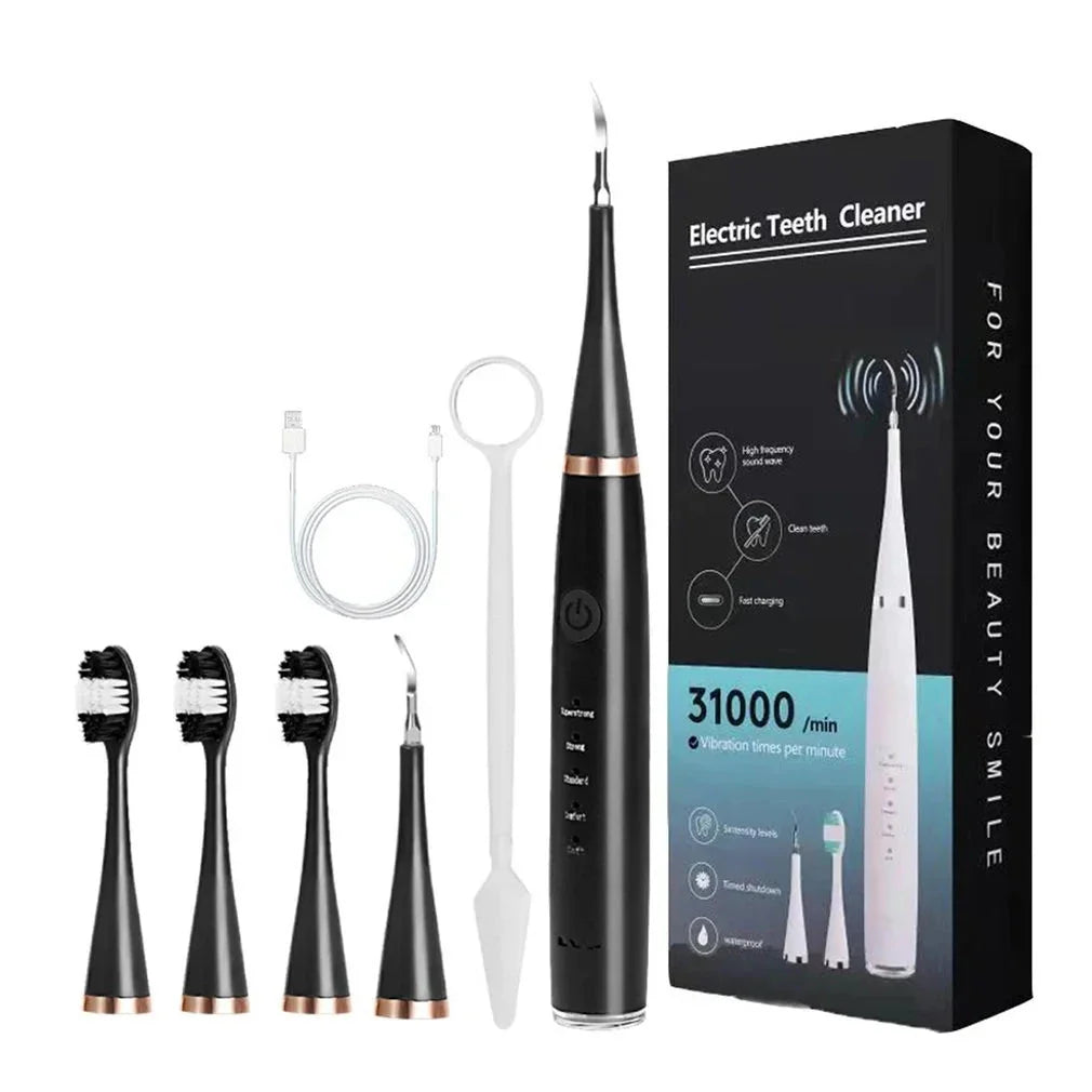Spazzolino elettrico nero con testine di ricambio, cavo USB e confezione. Pulizia dentale ad alta frequenza, 31000 vibrazioni/minuto.