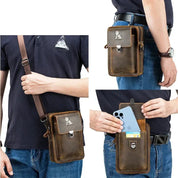 Borsa a tracolla in pelle marrone per uomo, con tasche multiple, ideale per smartphone e carte. Design elegante e pratico per uso quotidiano.