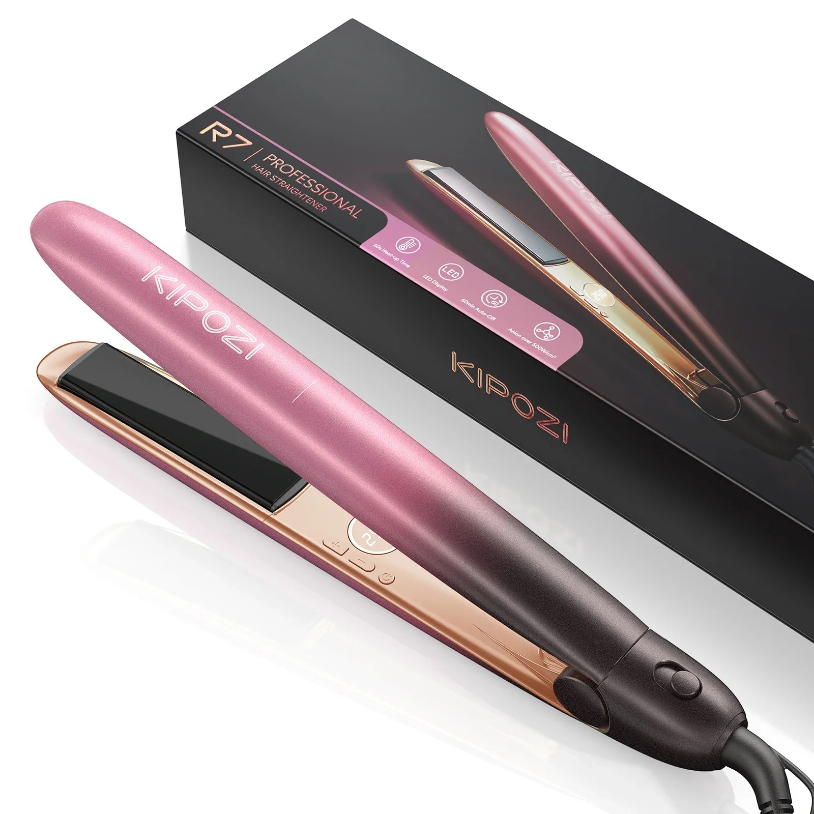 Piastra per capelli Kipozi R7 rosa, design elegante, display digitale, confezione originale. Strumento styling professionale, lisciatura capelli.