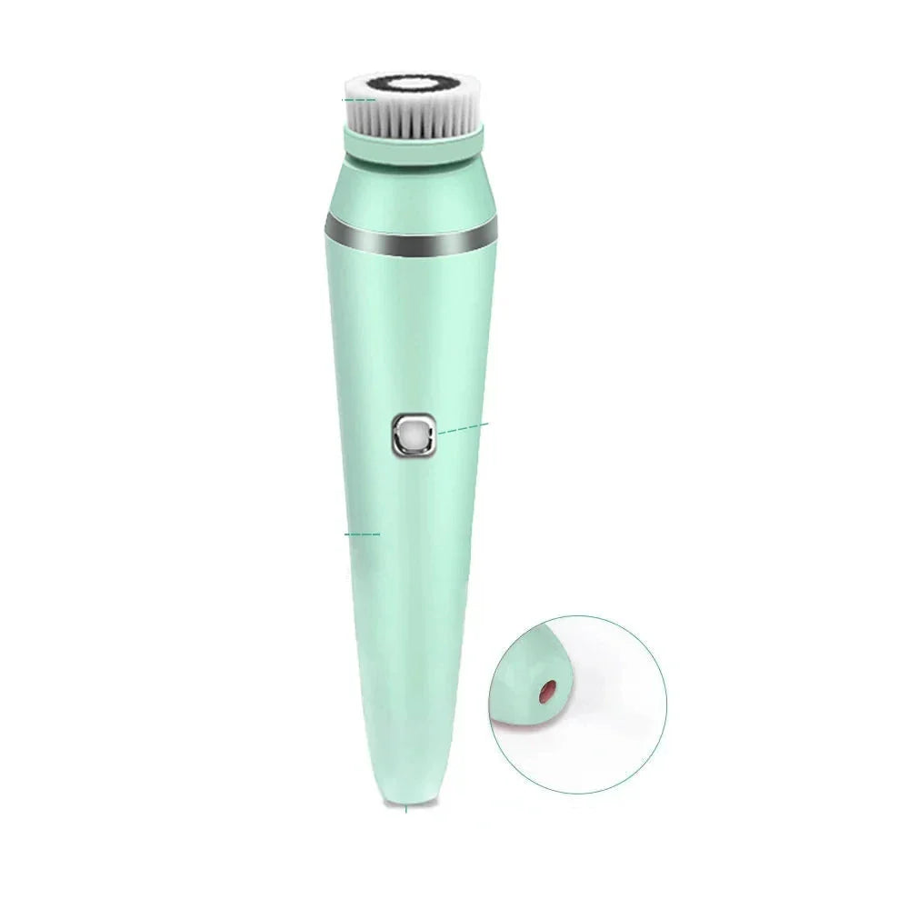 Spazzola elettrica per pulizia viso verde menta, design ergonomico, setole morbide, ricaricabile, ideale per esfoliazione e cura della pelle.
