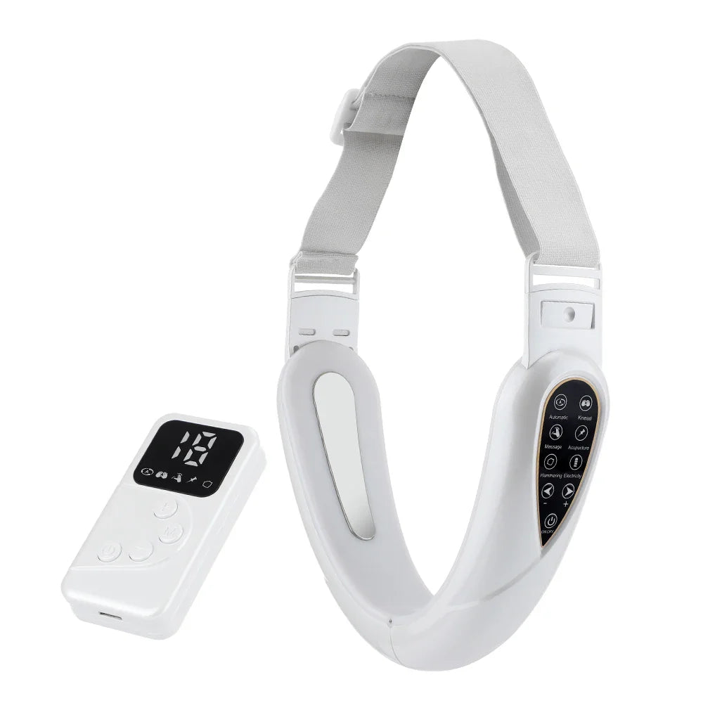 Collare massaggiante cervicale bianco con telecomando, display LED e pulsanti multifunzione. Dispositivo per sollievo dal dolore al collo.
