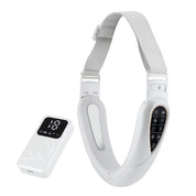 Collare massaggiante cervicale bianco con telecomando, display LED e pulsanti multifunzione. Dispositivo per sollievo dal dolore al collo.