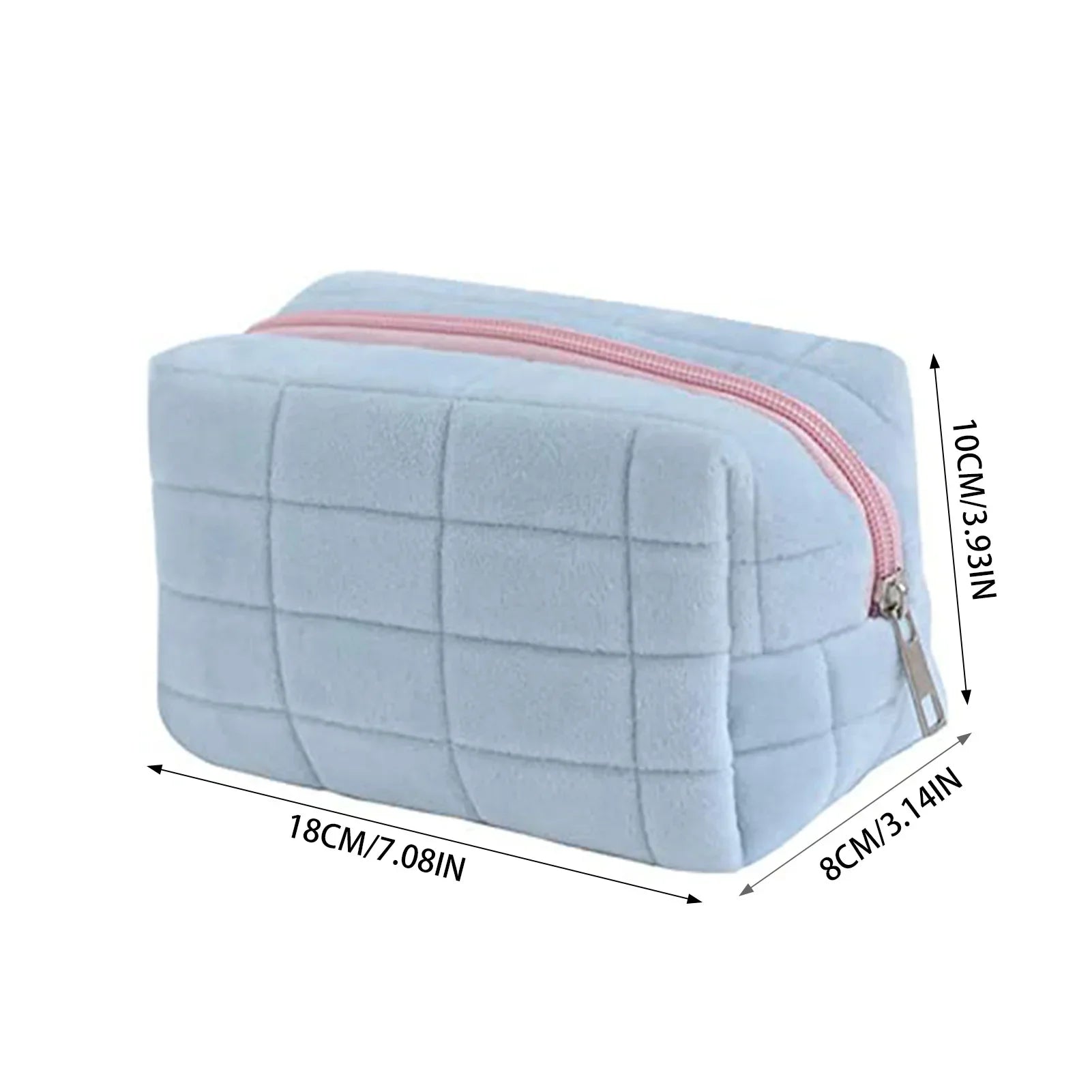 Astuccio cosmetico in velluto grigio con cerniera rosa, dimensioni 18x10x8 cm. Design trapuntato, ideale per trucco e accessori da viaggio.