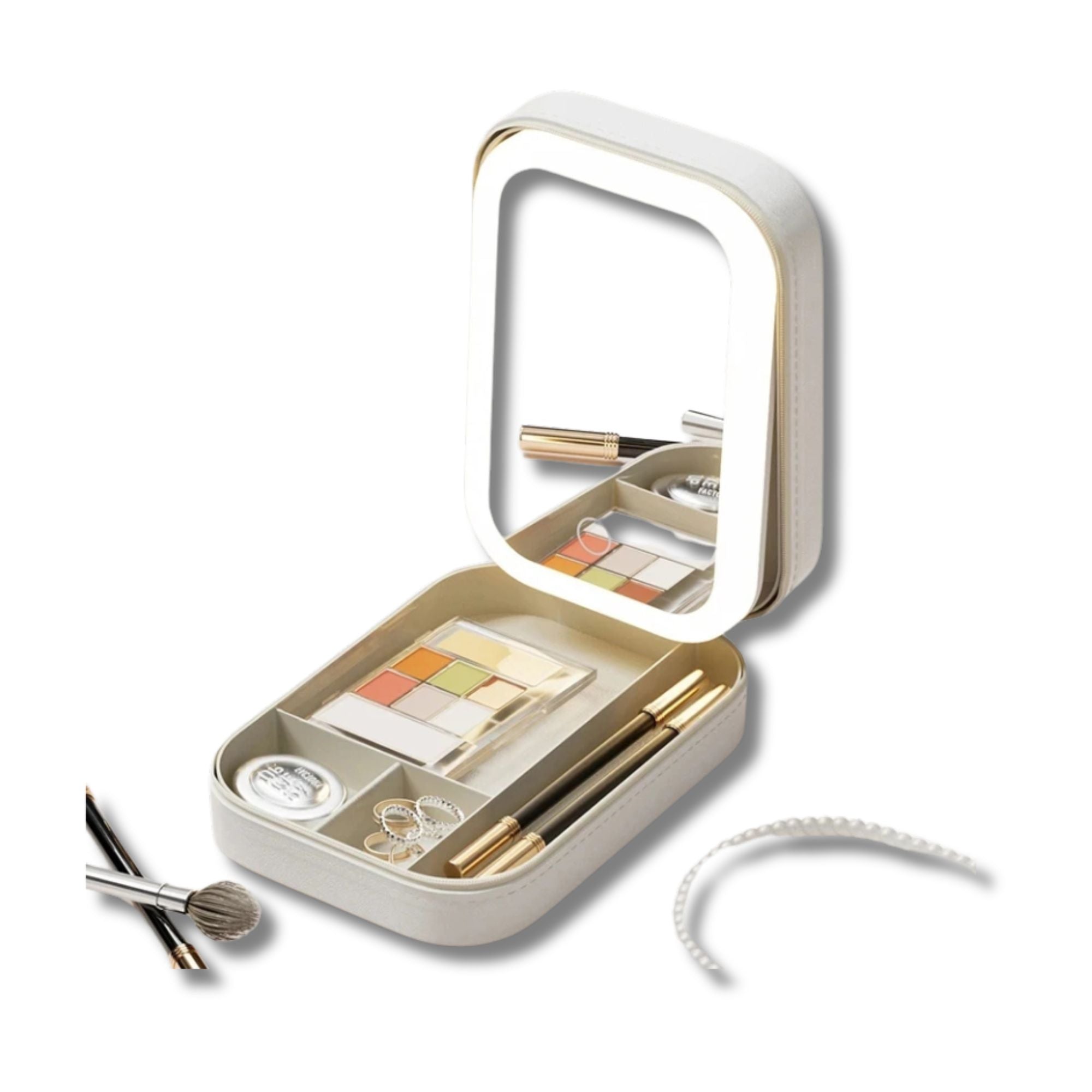 Astuccio trucco portatile con specchio, include ombretti, pennelli e accessori. Elegante e compatto, ideale per viaggi e ritocchi veloci.