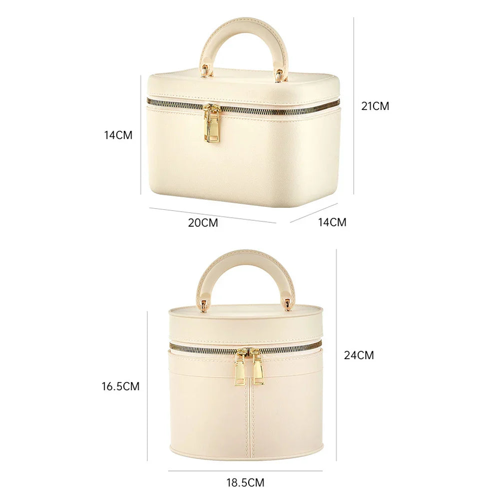 Borsa cosmetica beige in pelle PU con manico, chiusura a zip dorata, dimensioni 20x14x14cm e 18.5x16.5x24cm, elegante e pratica per viaggio.