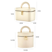 Borsa cosmetica beige in pelle PU con manico, chiusura a zip dorata, dimensioni 20x14x14cm e 18.5x16.5x24cm, elegante e pratica per viaggio.
