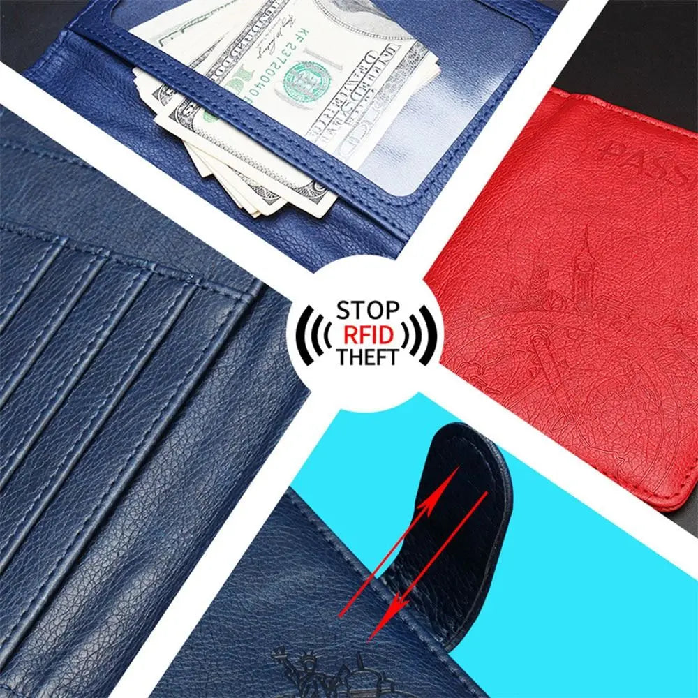 Portafoglio in pelle blu e rossa con protezione RFID, scomparti per carte e contanti. Design elegante, sicurezza antifurto, ideale per uomo e donna.