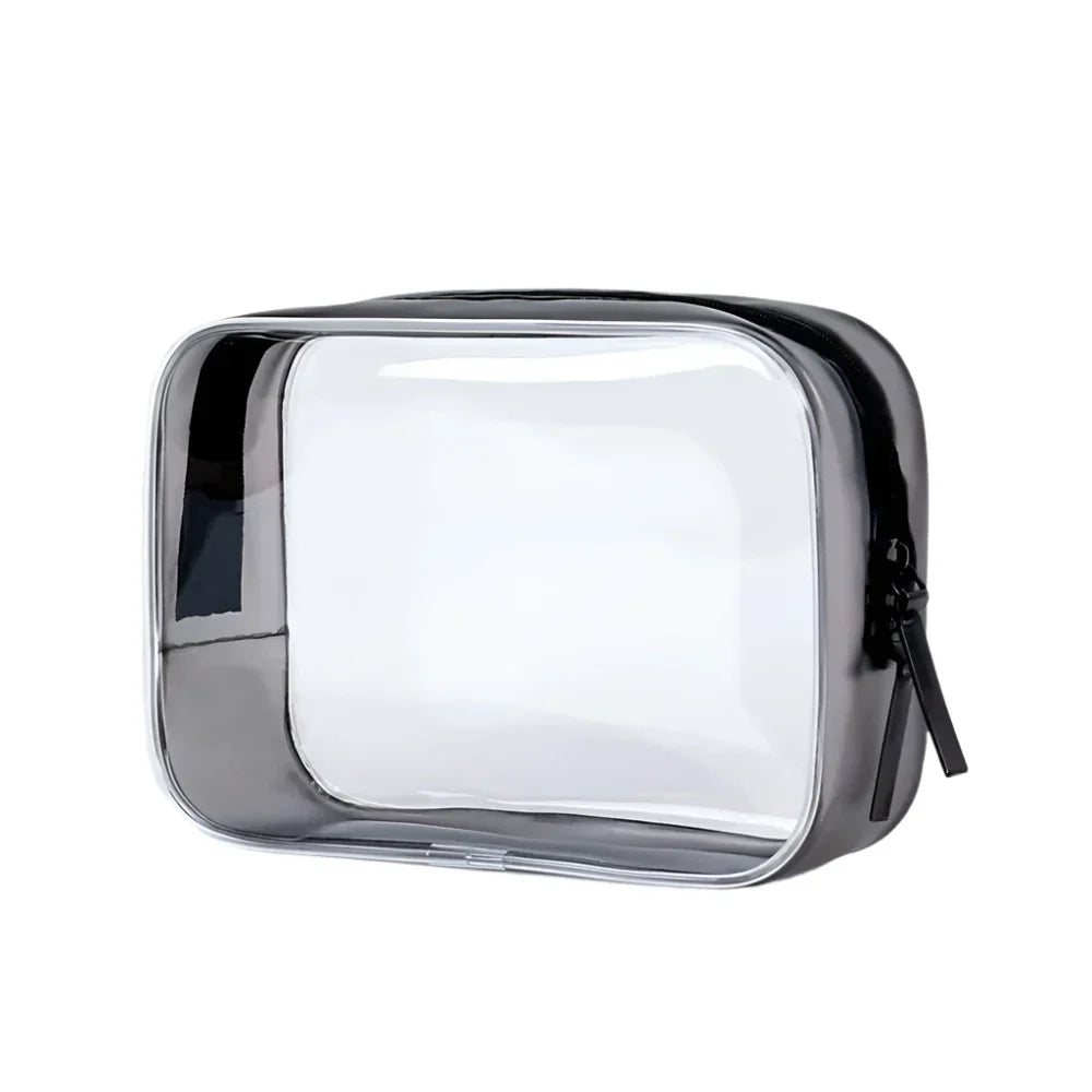 Astuccio trasparente da viaggio in PVC, impermeabile, con cerniera nera. Ideale per articoli da toeletta, cosmetici, accessori. Dimensioni compatte.