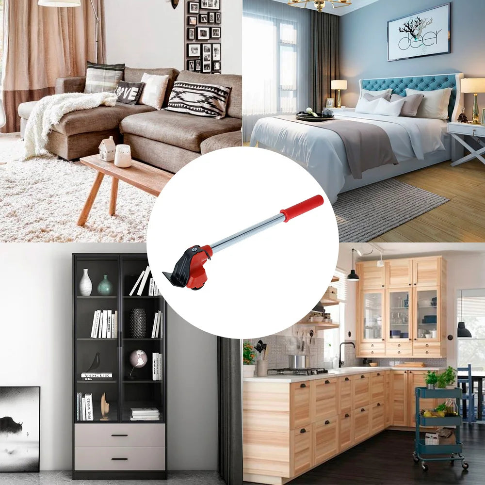 Morsetto a barra in metallo con impugnatura rossa, ideale per falegnameria e bricolage. Sfondo con interni moderni: soggiorno, camera da letto, cucina.