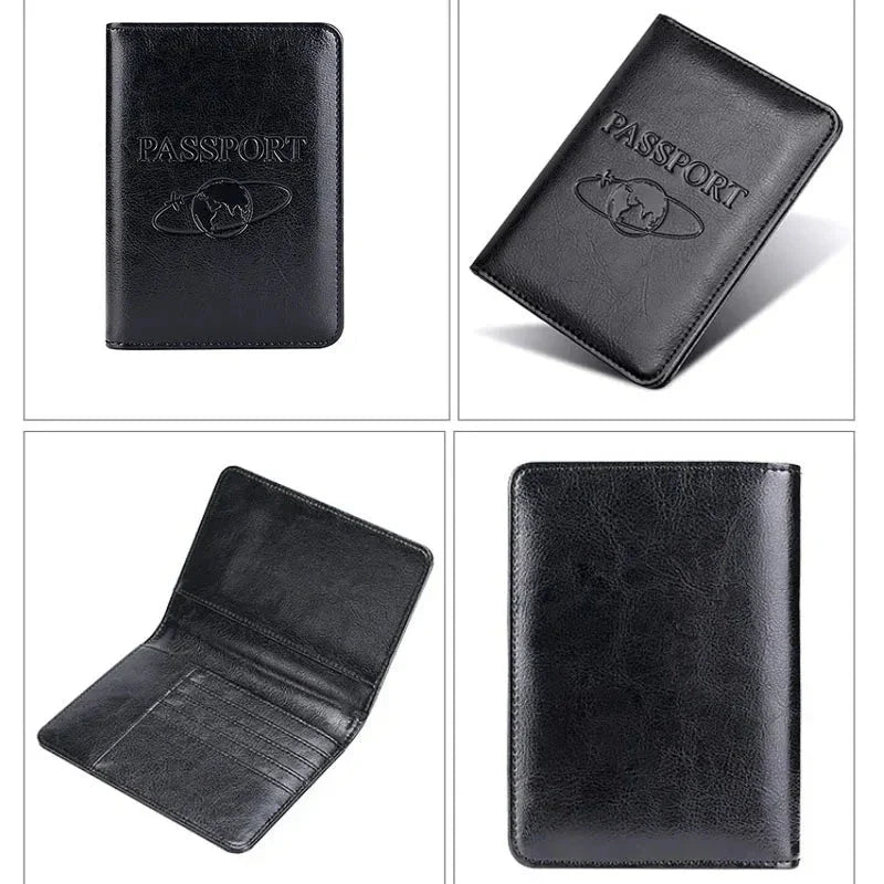 Custodia passaporto in pelle nera, elegante e resistente, con scomparti interni per carte. Accessorio da viaggio essenziale e di alta qualità.
