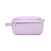 Astuccio da viaggio in velluto a coste lilla con cerniera, design rettangolare, manico laterale. Ideale per cosmetici e accessori.