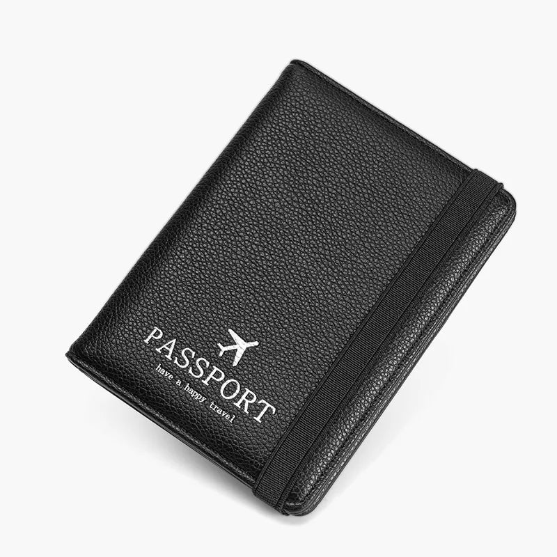 Custodia passaporto in pelle nera con elastico, design elegante, ideale per viaggi, protezione documenti, accessorio da viaggio essenziale.