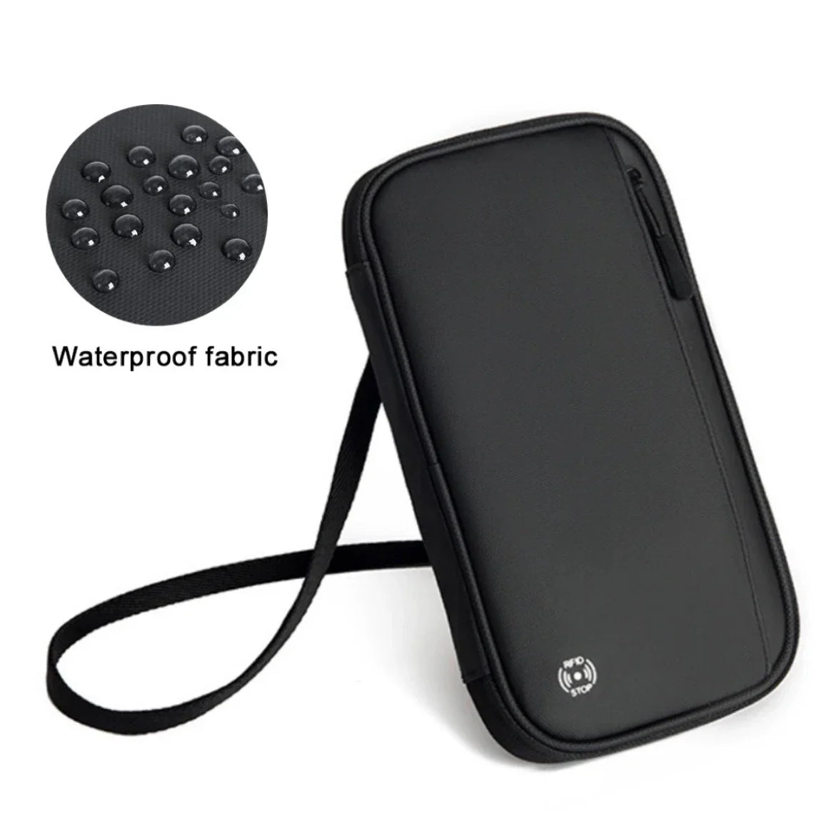 Custodia impermeabile nera per smartphone con cinturino, tessuto resistente all'acqua, design elegante e compatto, ideale per protezione e trasporto.