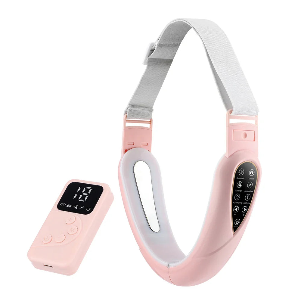 Dispositivo massaggiatore cervicale rosa con telecomando, display digitale e pulsanti multifunzione. Ideale per sollievo dal dolore e relax muscolare.