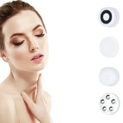 Donna con spazzola per pulizia viso elettrica, testine intercambiabili. Cura della pelle, bellezza, esfoliazione, massaggio viso.