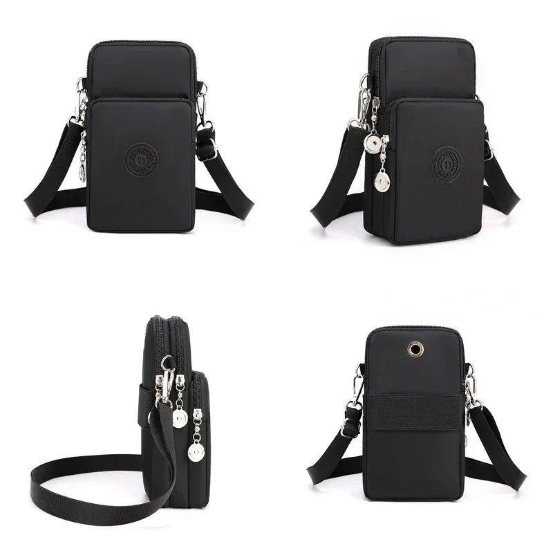 Borsa a tracolla nera multifunzione in nylon, design compatto, con cerniere e tasche multiple, ideale per smartphone e accessori.
