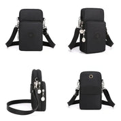 Borsa a tracolla nera multifunzione in nylon, design compatto, con cerniere e tasche multiple, ideale per smartphone e accessori.
