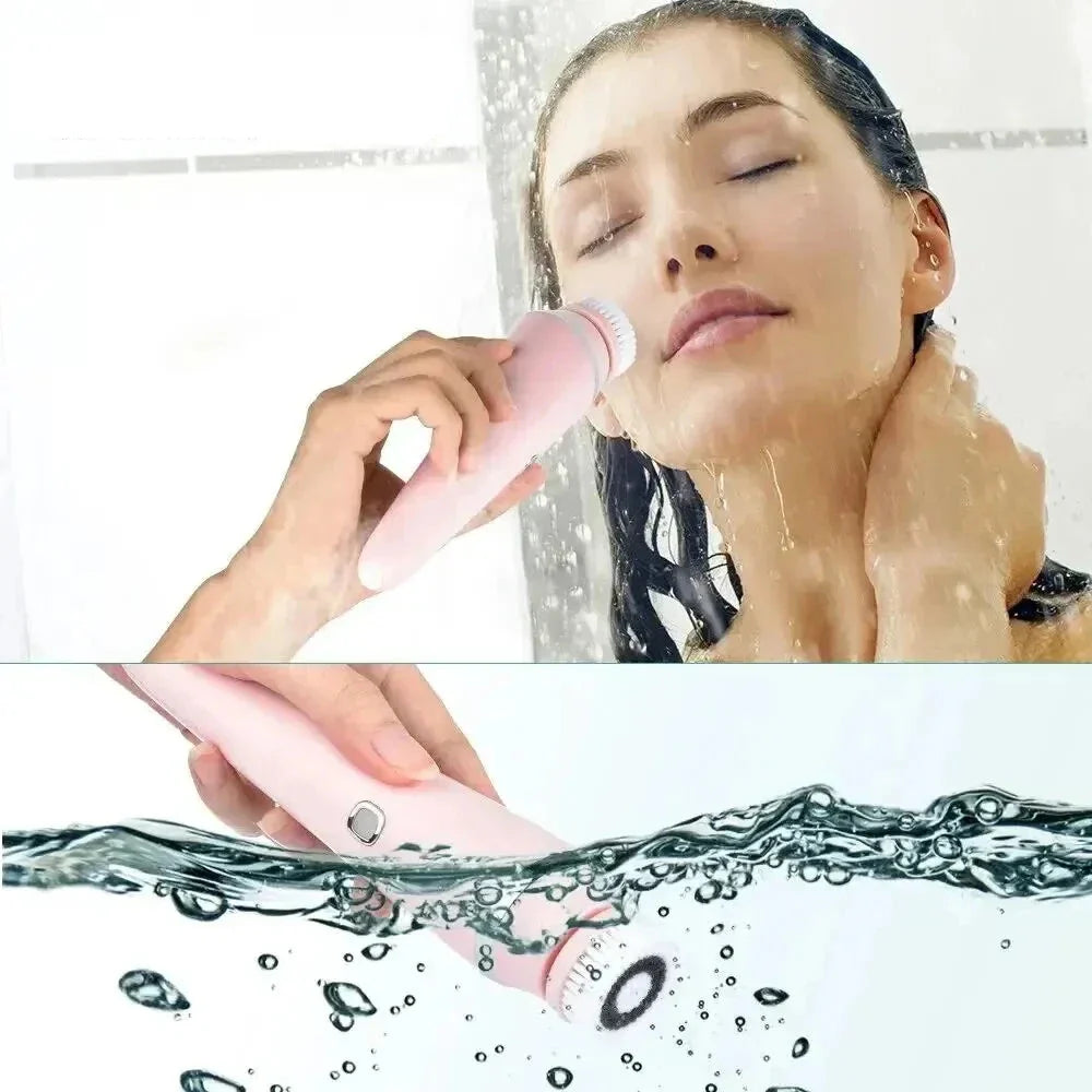 Dispositivo di pulizia viso impermeabile rosa, donna in doccia, esfoliazione delicata, cura della pelle, spazzola elettrica per pulizia profonda.