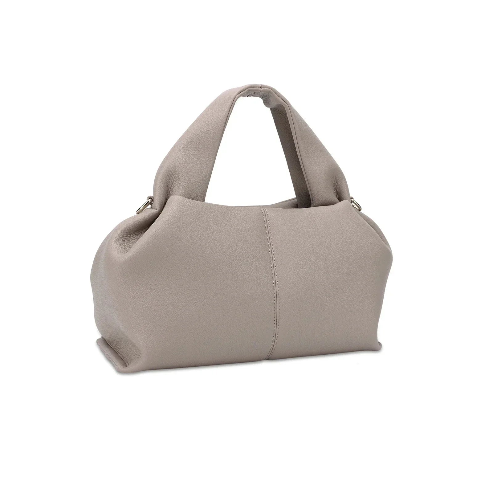 Borsa a mano in pelle beige, design elegante e minimalista, ideale per moda donna. Accessorio versatile per ogni occasione.
