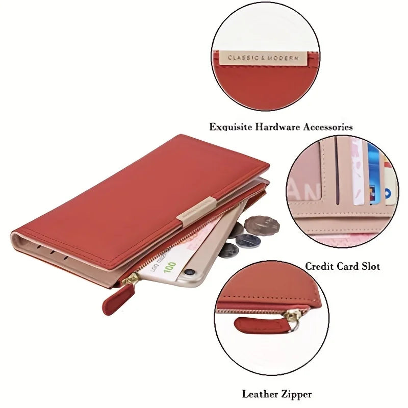 Portafoglio donna in pelle rossa con cerniera, scomparti per carte di credito, accessori hardware eleganti, spazio per smartphone e monete.