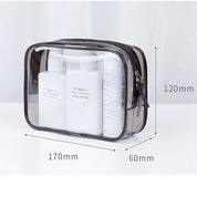 Borsa trasparente da viaggio con flaconi ricaricabili in plastica PET, dimensioni 170x60x120mm, ideale per cosmetici e articoli da toeletta.