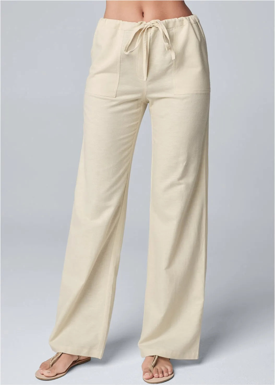  Pantaloni a gamba femminile-miscela di lino di cotone-vita alta-cintura da cantiere-2