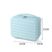 Valigia rigida azzurra 31x21x15 cm, design compatto con manico e chiusura a zip, ideale per viaggi brevi e bagaglio a mano.