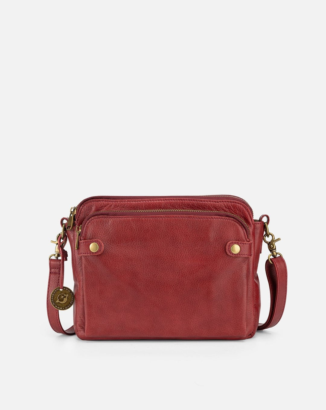Borsa a tracolla in pelle rossa, design elegante, chiusura con zip, dettagli in metallo dorato, ideale per moda donna e accessori di lusso.