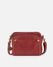 Borsa a tracolla in pelle rossa, design elegante, chiusura con zip, dettagli in metallo dorato, ideale per moda donna e accessori di lusso.