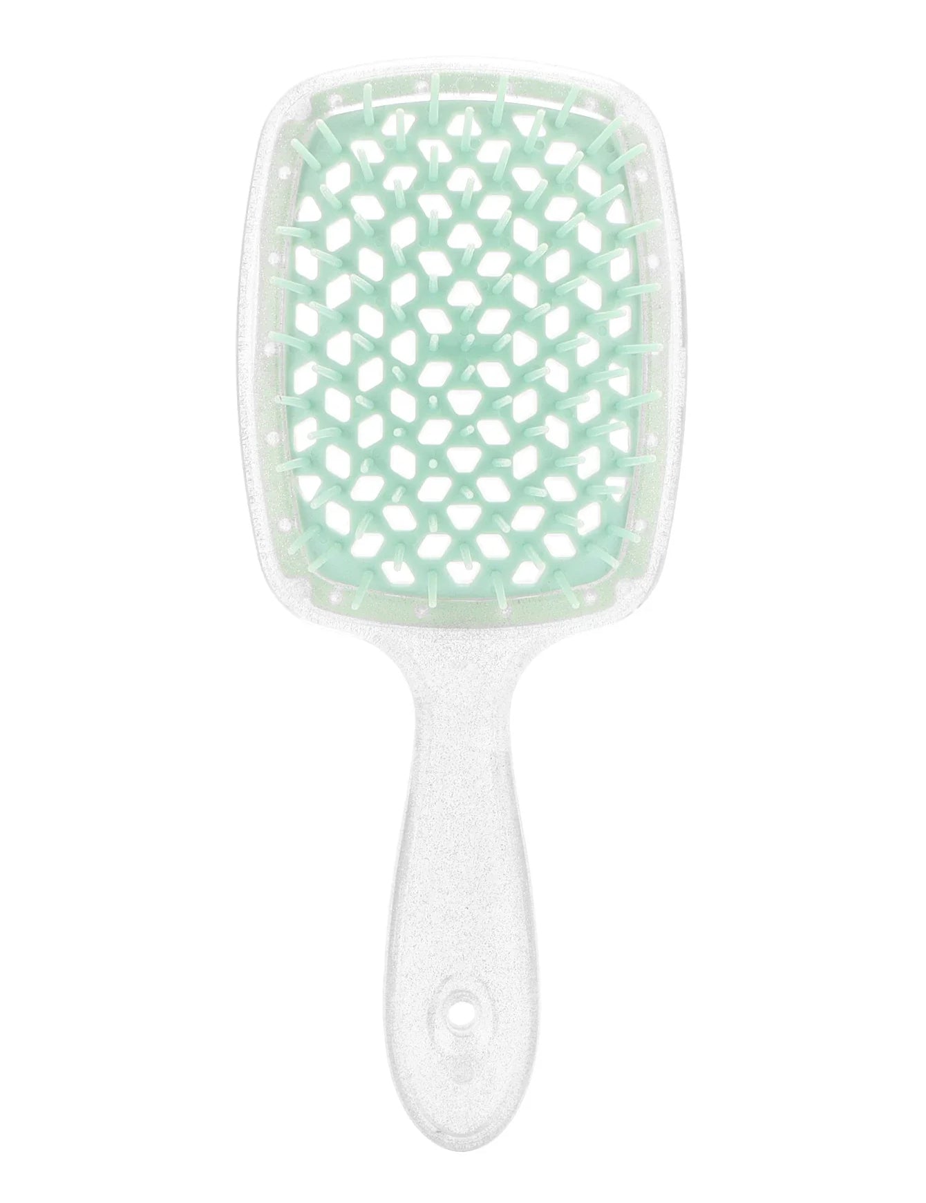 Spazzola per capelli quadrata con setole verdi, manico ergonomico bianco. Ideale per districare e lisciare, accessorio essenziale per la cura dei capelli.