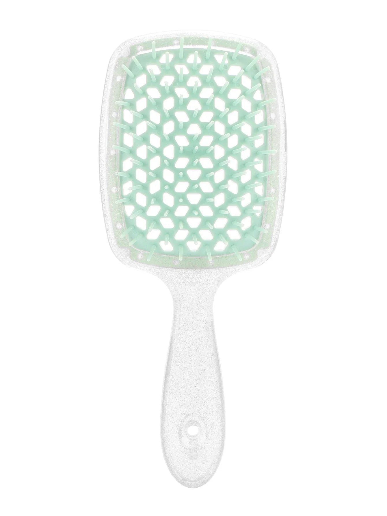 Spazzola per capelli quadrata con setole verdi, manico ergonomico bianco. Ideale per districare e lisciare, accessorio essenziale per la cura dei capelli.