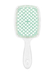 Spazzola per capelli quadrata con setole verdi, manico ergonomico bianco. Ideale per districare e lisciare, accessorio essenziale per la cura dei capelli.