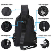 Zaino monospalla nero con porta USB, tessuto traspirante, cerniera a due vie, ganci per occhiali e metallo, tasche laterali. Perfetto per viaggi e lavoro.